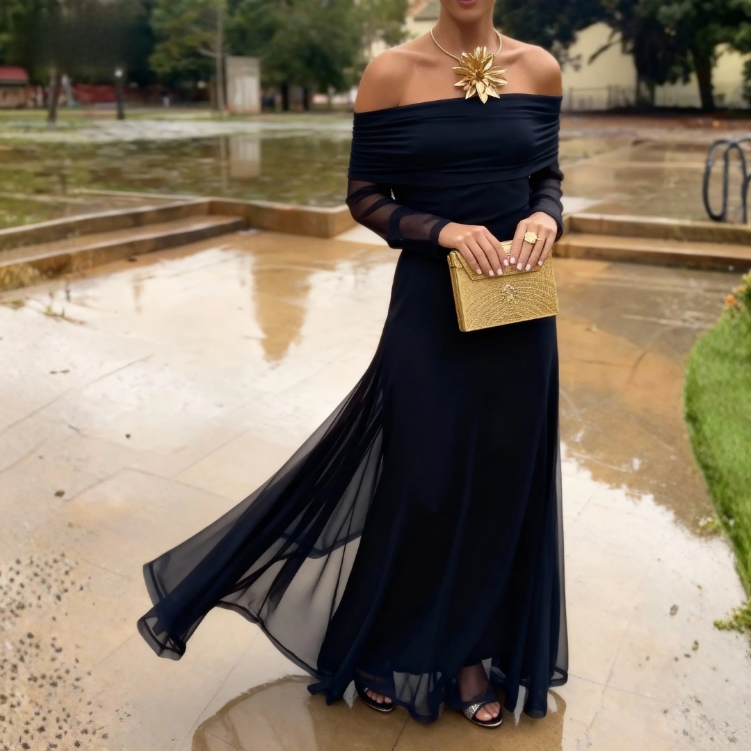 Navy Blue Off-Shoulder Chiffon Maxi Dress