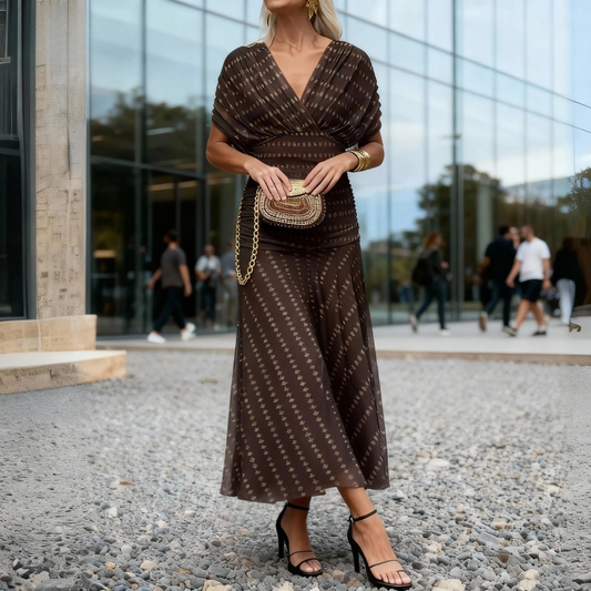 Brown Geometric Print Wrap Maxi Dress With Sheer Detail