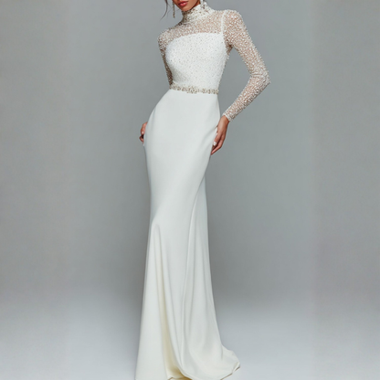 Formal Dress White Sheath Illusion Neck Beaded Chiffon Maxi Dress