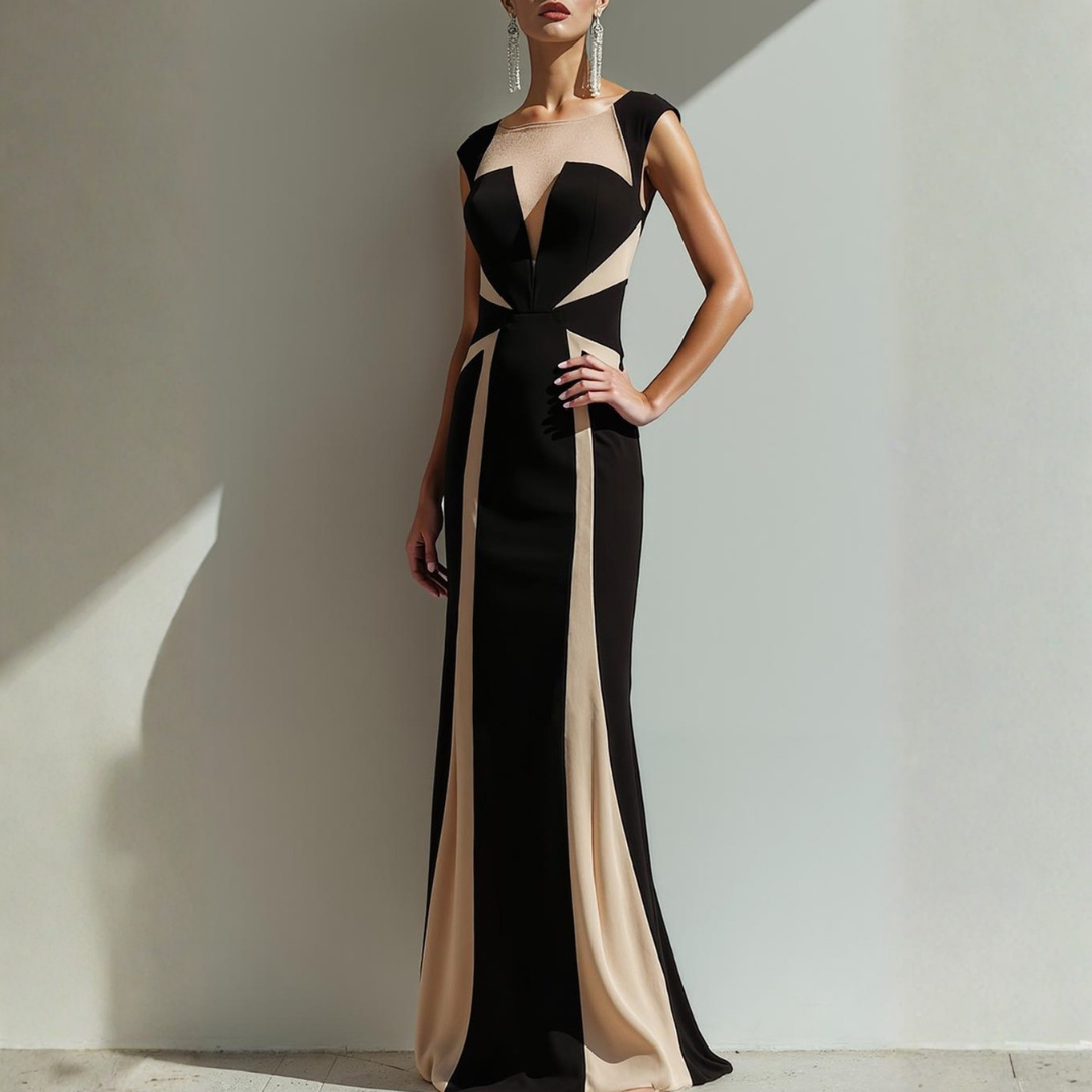 Evening Formal Dress Sheath Black Crew Neck Splicing Maxi Dress
