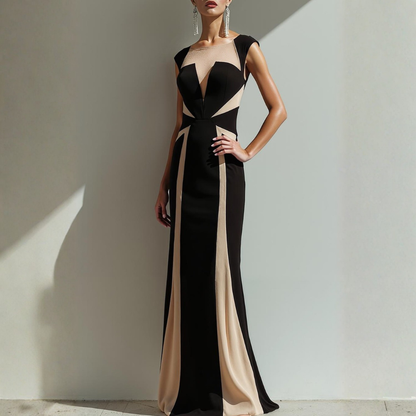 Evening Formal Dress Sheath Black Crew Neck Splicing Maxi Dress