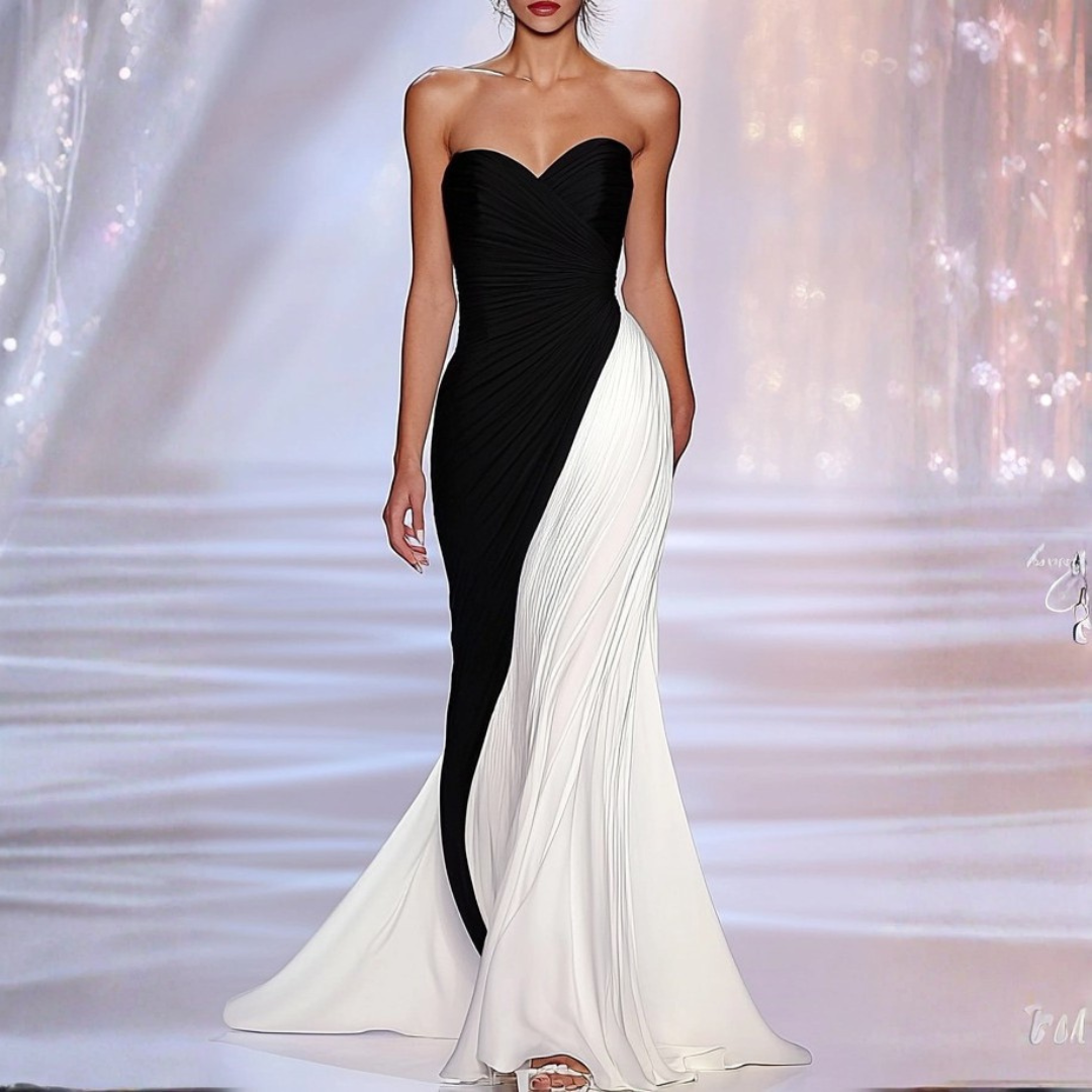 Formal Evening Black White Strapless Ruched Maxi Dress