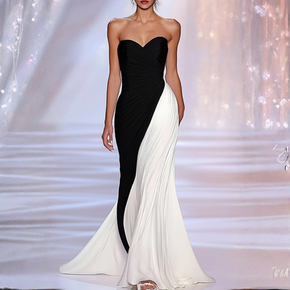 Formal Evening Black White Strapless Ruched Maxi Dress