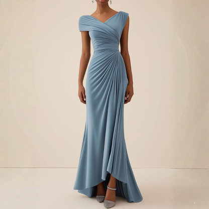 Blue Ruched V Neck Maxi Dress