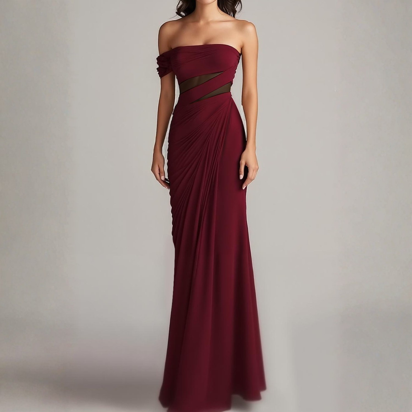 Formal Evening Dress Burgundy Off The Shoulder Ruched Maxi Dress