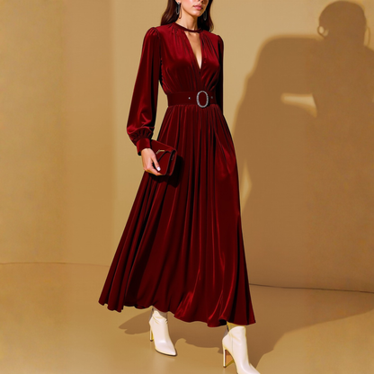 Formal Dress Burgundy V-Neck Long Sleeve Velvet Maxi Dress