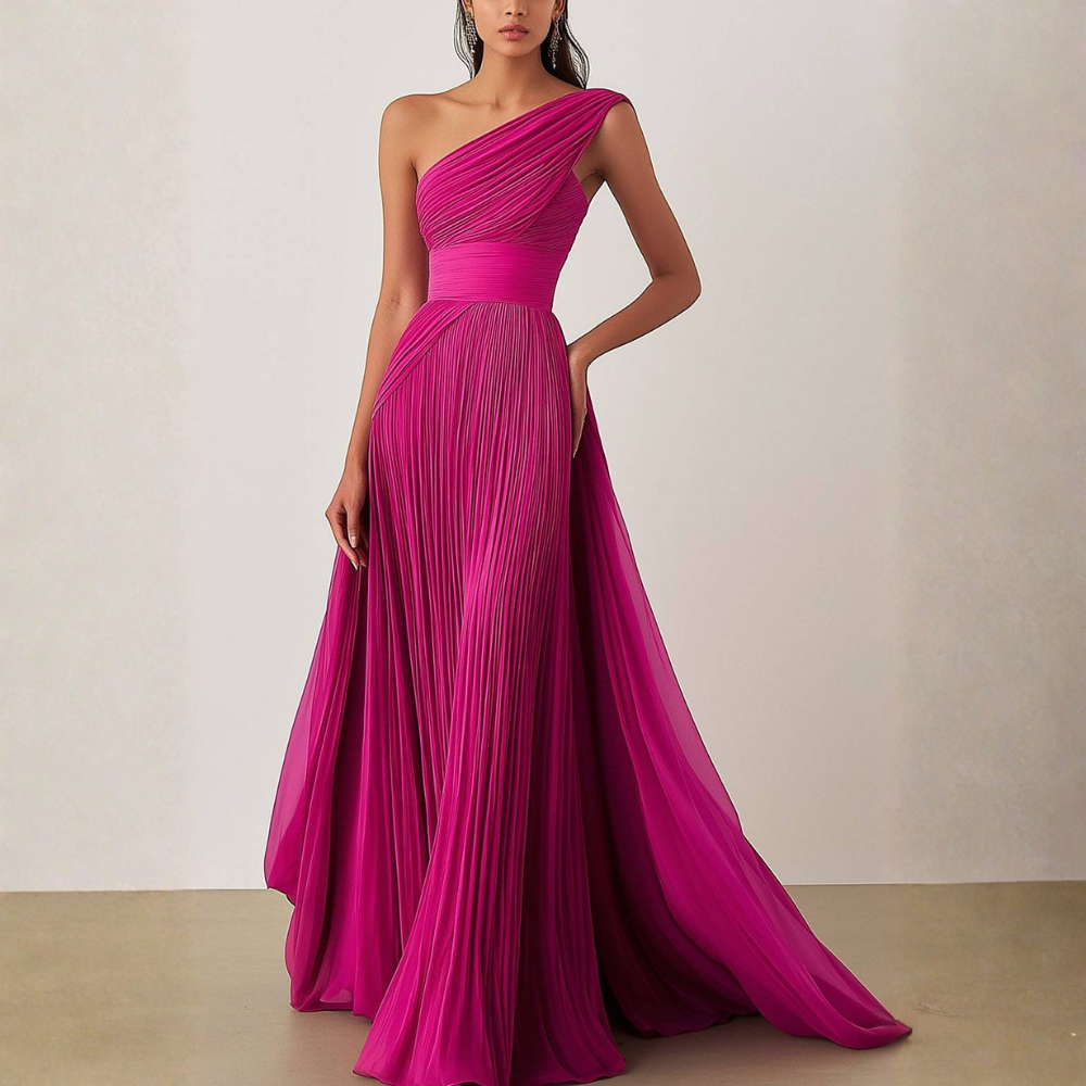 Prom Formal Pleated Dress Rose Color One-Shoulder Maxi Dress