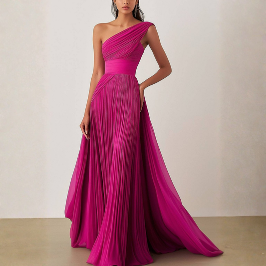 Prom Formal Pleated Dress Rose Color One-Shoulder Maxi Dress