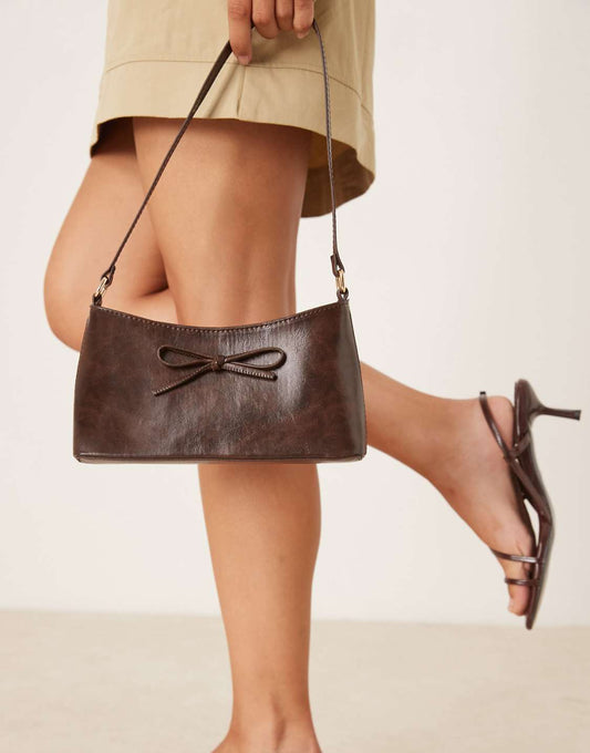 WOOLX DESIGN 90s Shoulder Bag With Bow In Washed Chocolate - WOOLX