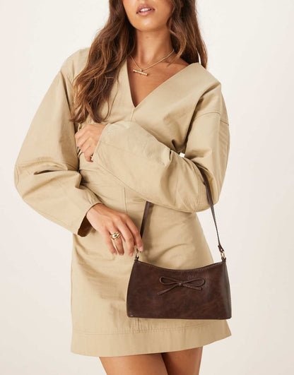 WOOLX DESIGN 90s Shoulder Bag With Bow In Washed Chocolate - WOOLX