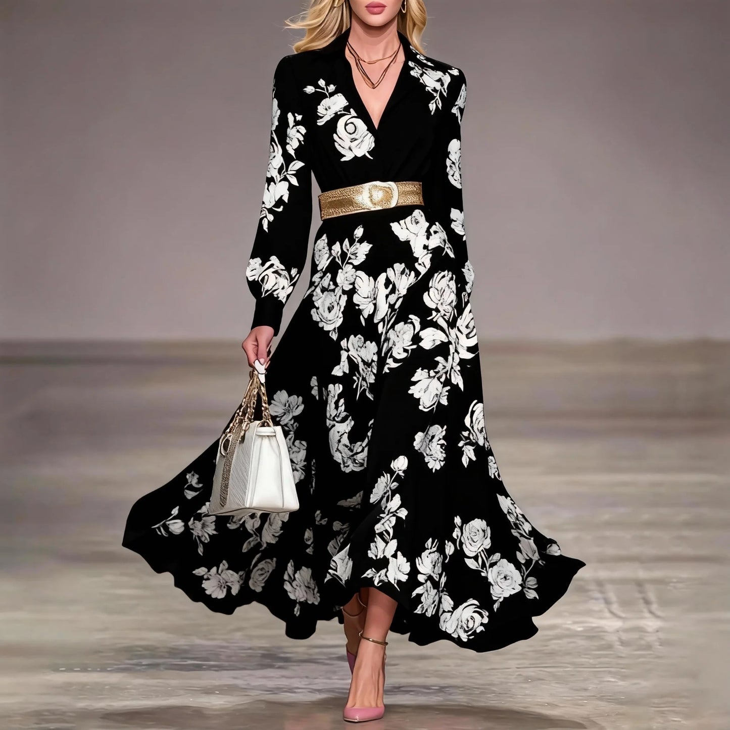 Romantic Floral Print Collar Maxi Dress