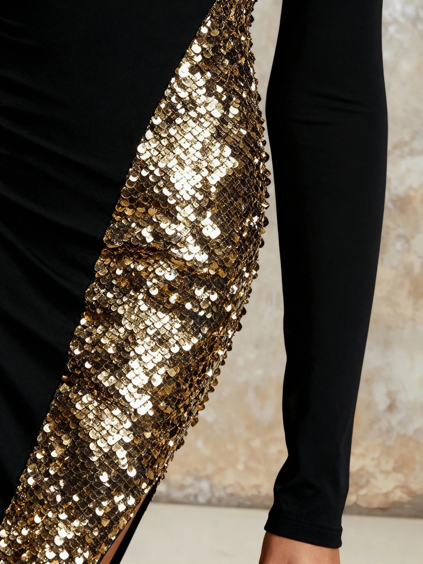 Elegant And Sparkling Sequined Black Stretch Cotton Party Maxi Dress