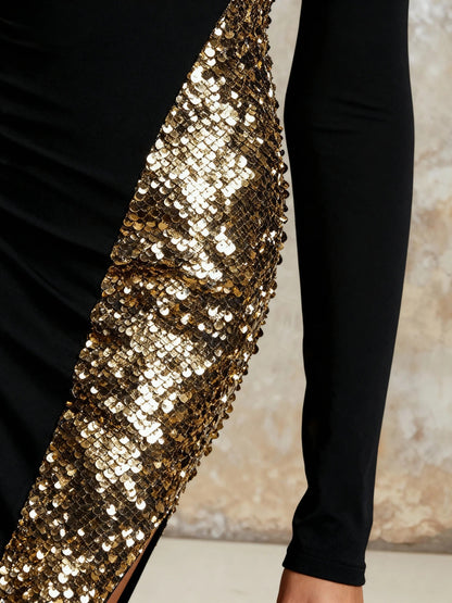 Elegant And Sparkling Sequined Black Stretch Cotton Party Maxi Dress