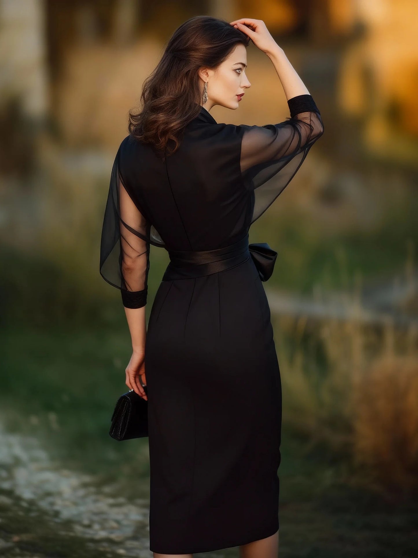 Draped Sheer Overlay Evening Gown With Sculpted Waist Tie