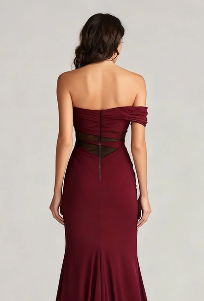 Formal Evening Dress Burgundy Off The Shoulder Ruched Maxi Dress
