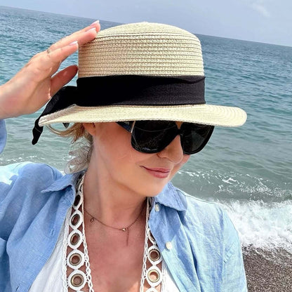 Beach Straw Sun Hat With Black Ribbon - WOOLX