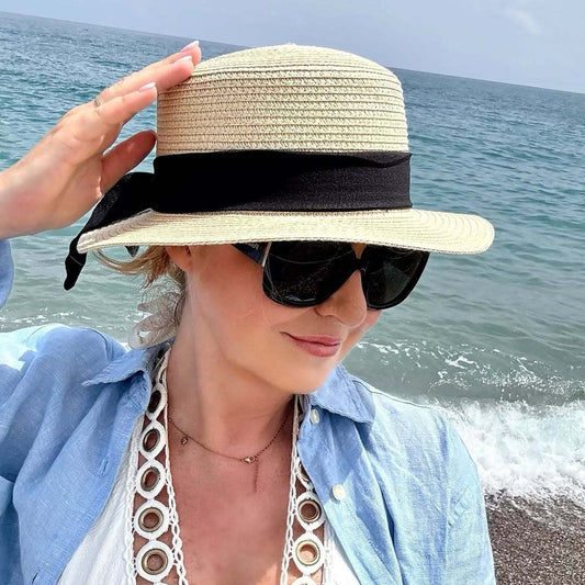 Beach Straw Sun Hat With Black Ribbon - WOOLX