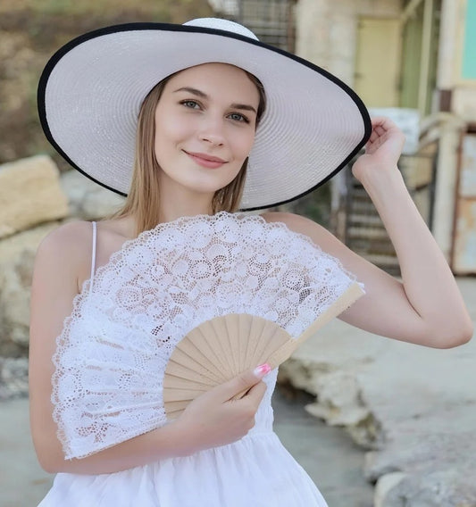White Wide - Brim Sun Hat With Black Trim - WOOLX