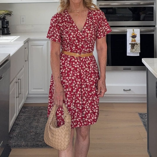 Red Floral Wrap V - Neck Dress - WOOLX