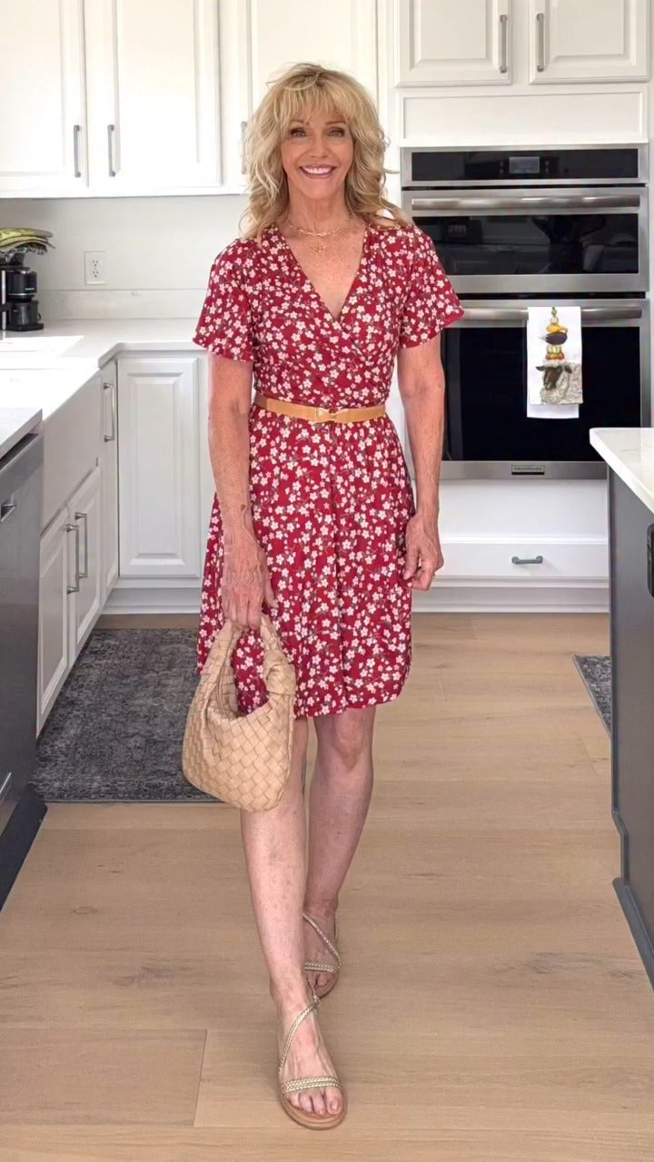 Red Floral Wrap V - Neck Dress - WOOLX