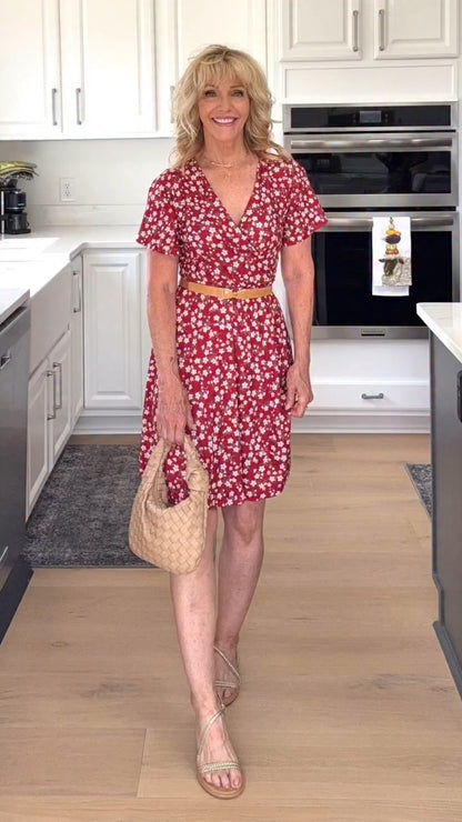 Red Floral Wrap V - Neck Dress - WOOLX