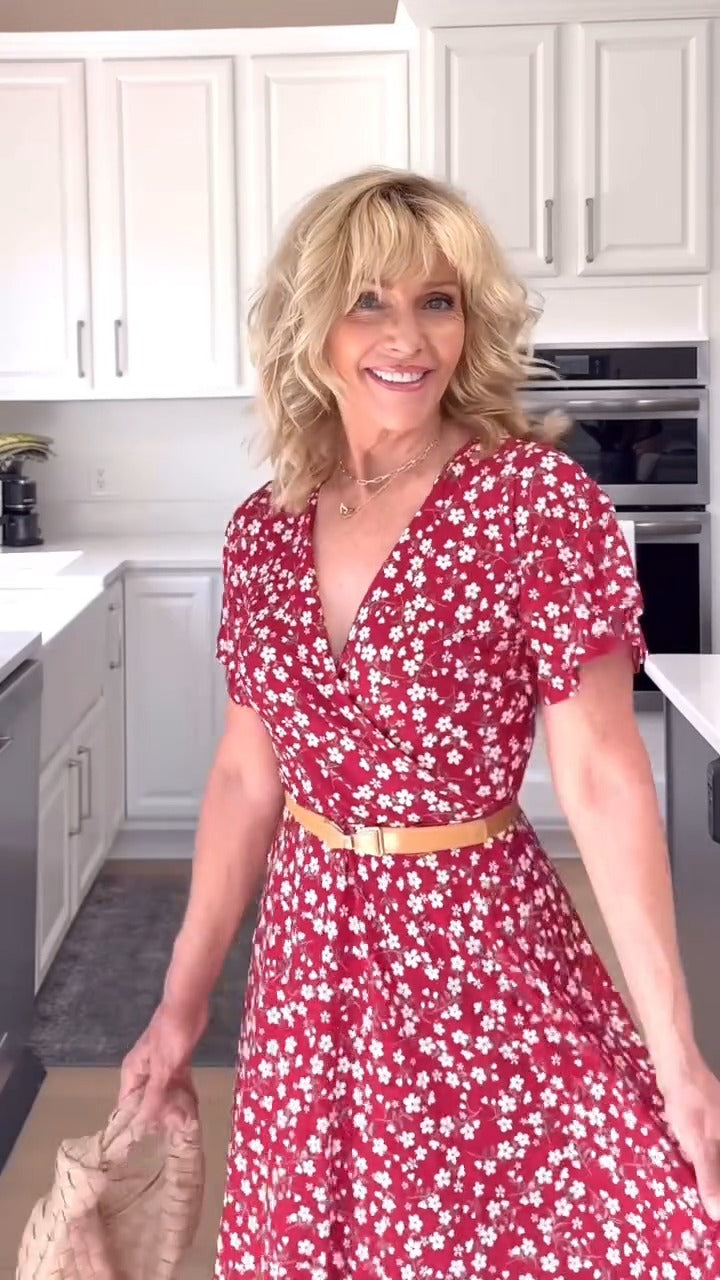 Red Floral Wrap V - Neck Dress - WOOLX