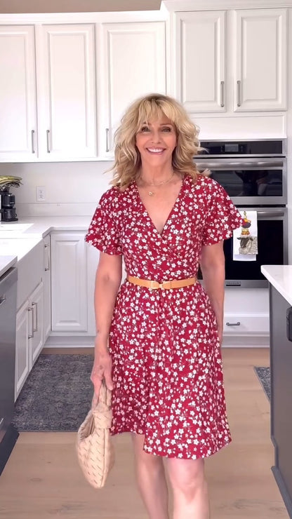 Red Floral Wrap V - Neck Dress - WOOLX