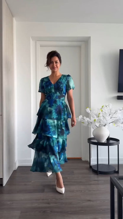Teal Floral Tiered Maxi Dress - WOOLX