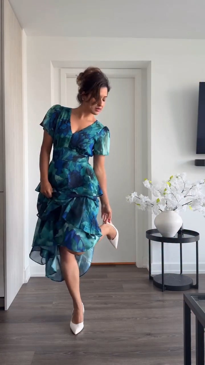 Teal Floral Tiered Maxi Dress - WOOLX