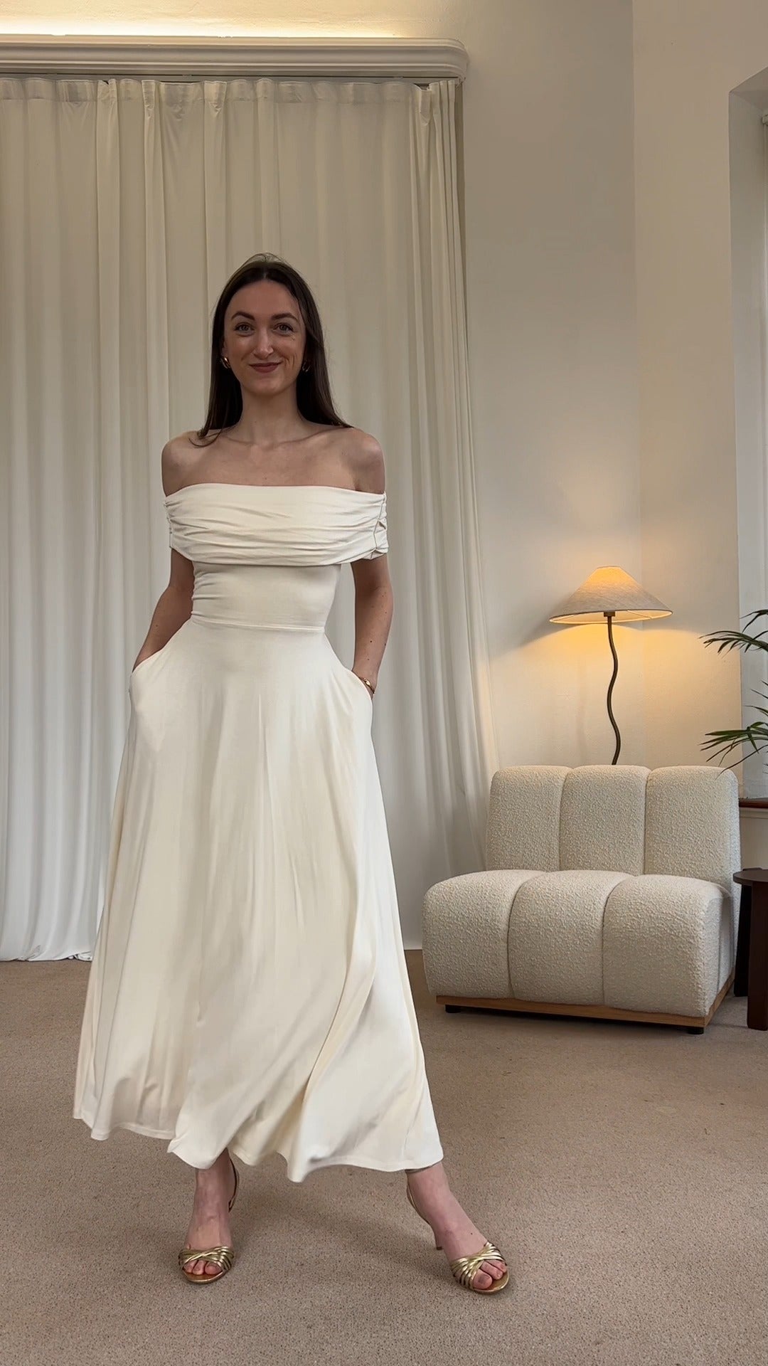 Off - Shoulder Cream Maxi Dress - WOOLX