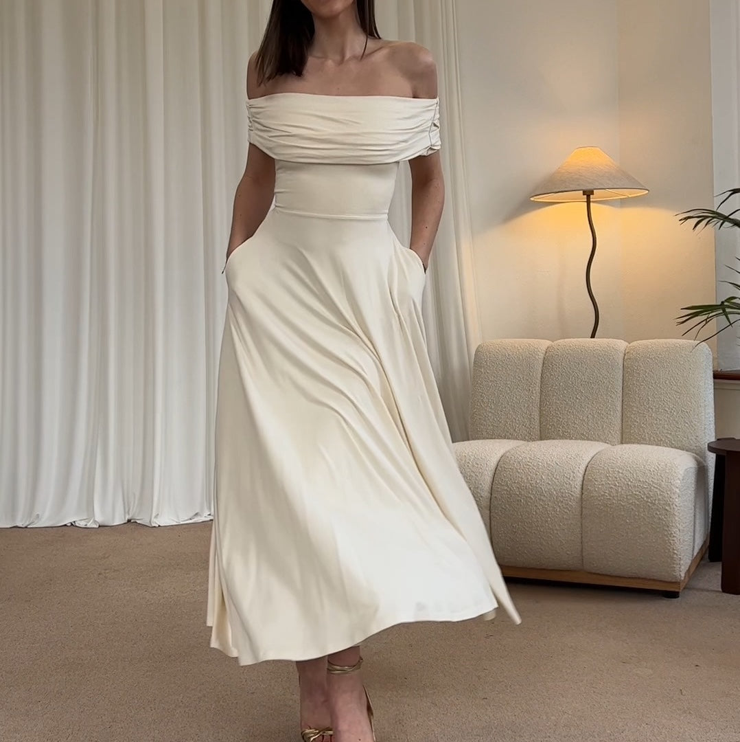 Off - Shoulder Cream Maxi Dress - WOOLX