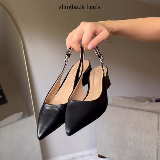 Black Pointed - Toe Slingback Heels - WOOLX