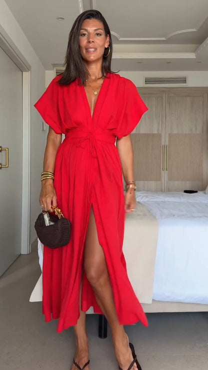 Dazzling Red V - Neck Maxi Dress - WOOLX