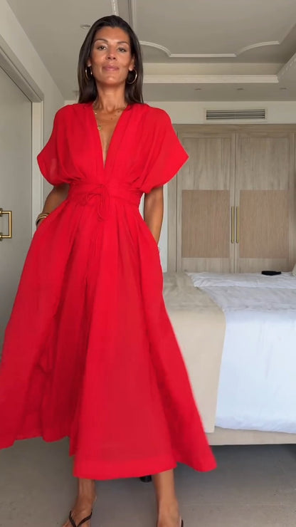 Dazzling Red V - Neck Maxi Dress - WOOLX
