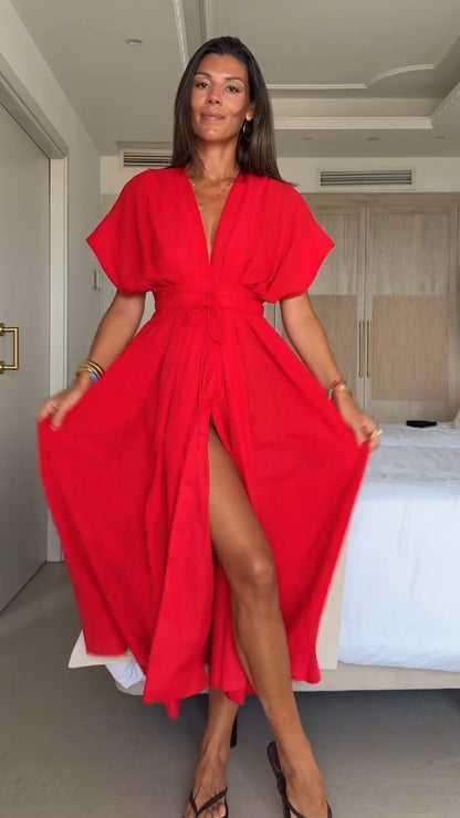 Dazzling Red V - Neck Maxi Dress - WOOLX