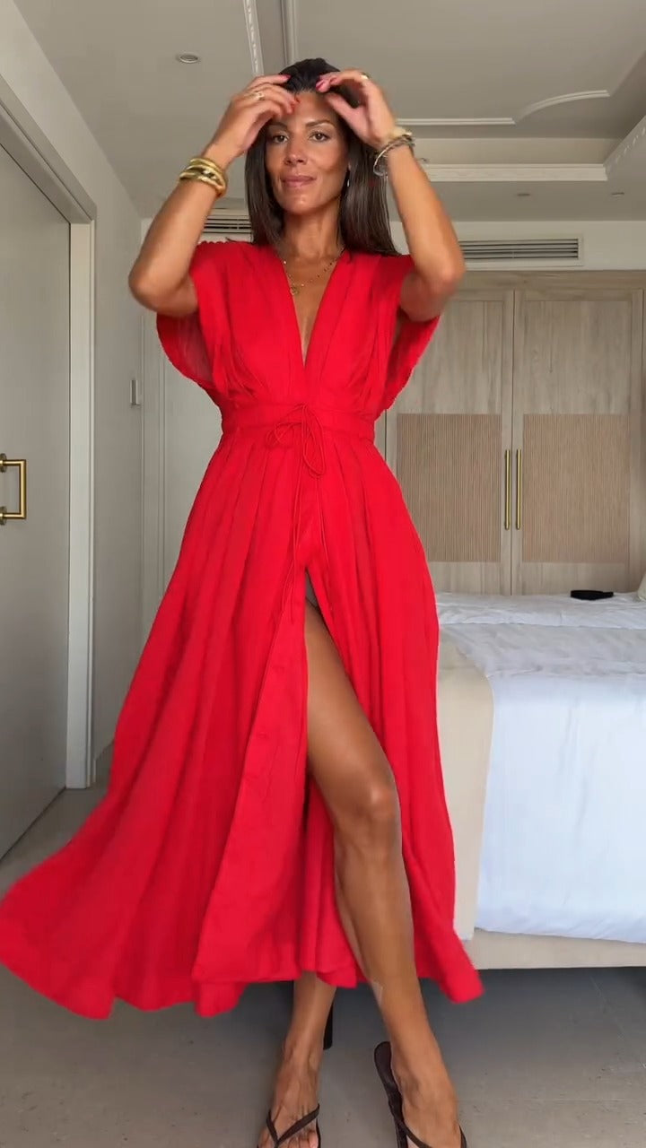 Dazzling Red V - Neck Maxi Dress - WOOLX