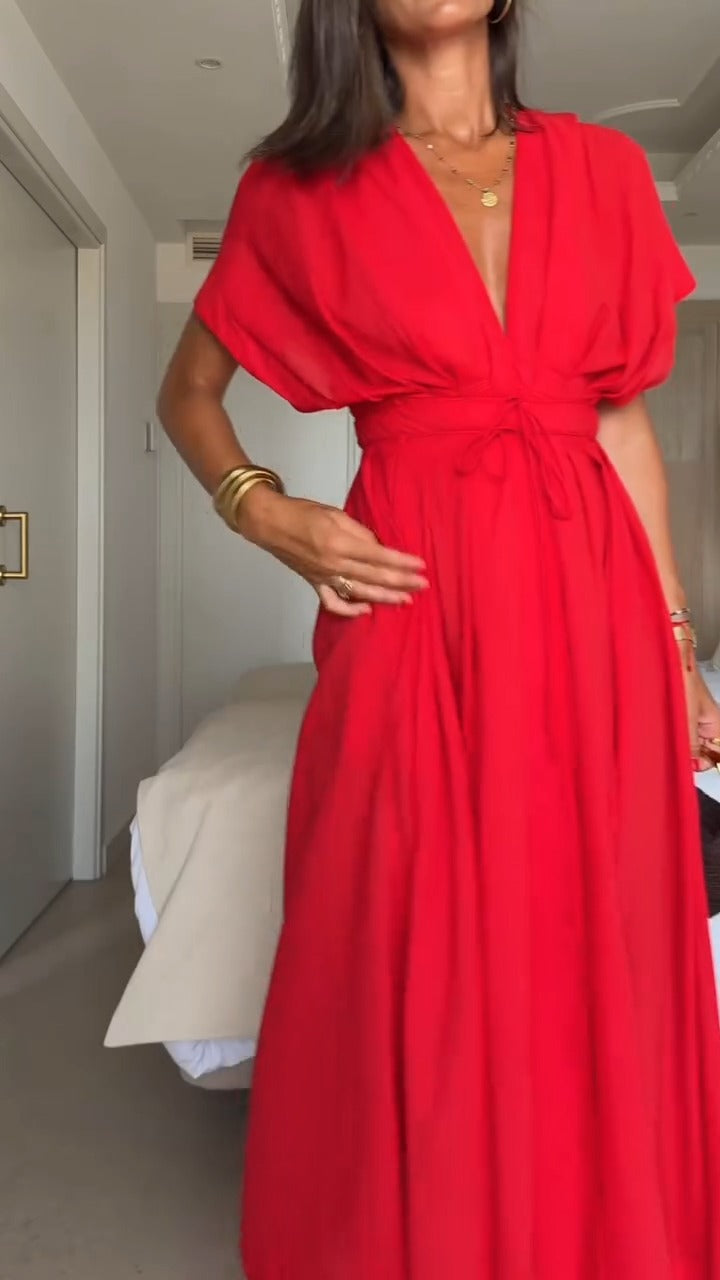 Dazzling Red V - Neck Maxi Dress - WOOLX