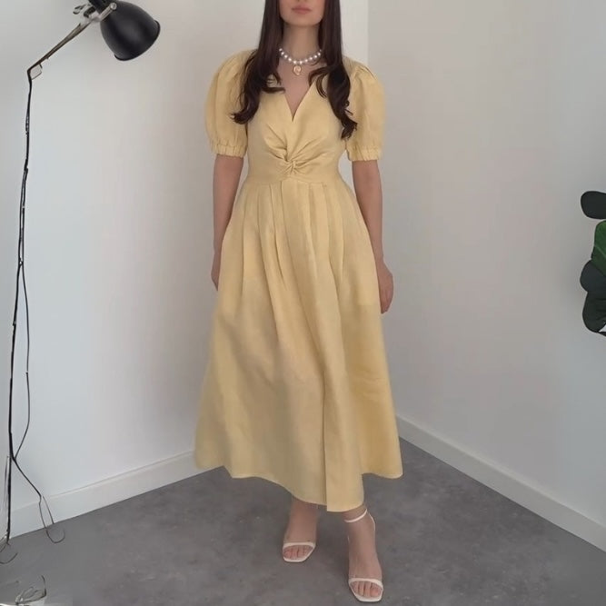 Charming Buttercup Puff - Sleeve Midi Dress - WOOLX