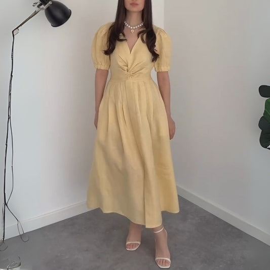 Charming Buttercup Puff - Sleeve Midi Dress - WOOLX