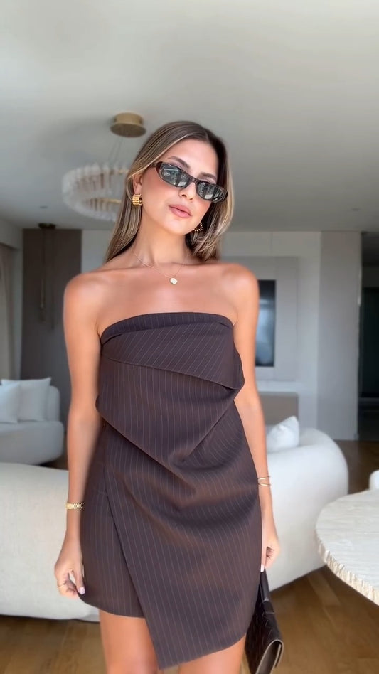 Glamorous Brown Pin - Stripe Strapless Mini Dress - WOOLX