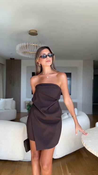Glamorous Brown Pin - Stripe Strapless Mini Dress - WOOLX