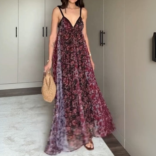 Gorgeous Floral Print Spaghetti - Strap Maxi Dress - WOOLX