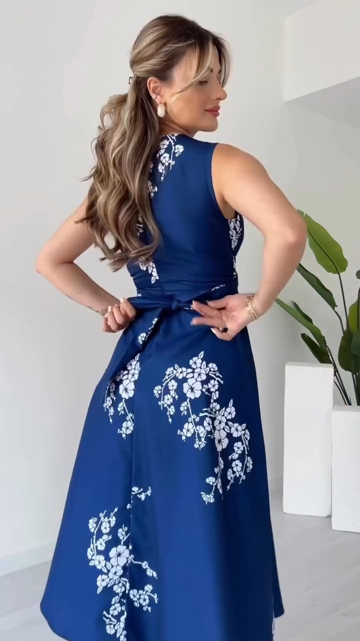 Elegant Navy Blue Floral-printed Sleeveless Midi Dress - WOOLX
