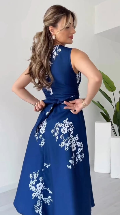 Elegant Navy Blue Floral-printed Sleeveless Midi Dress - WOOLX