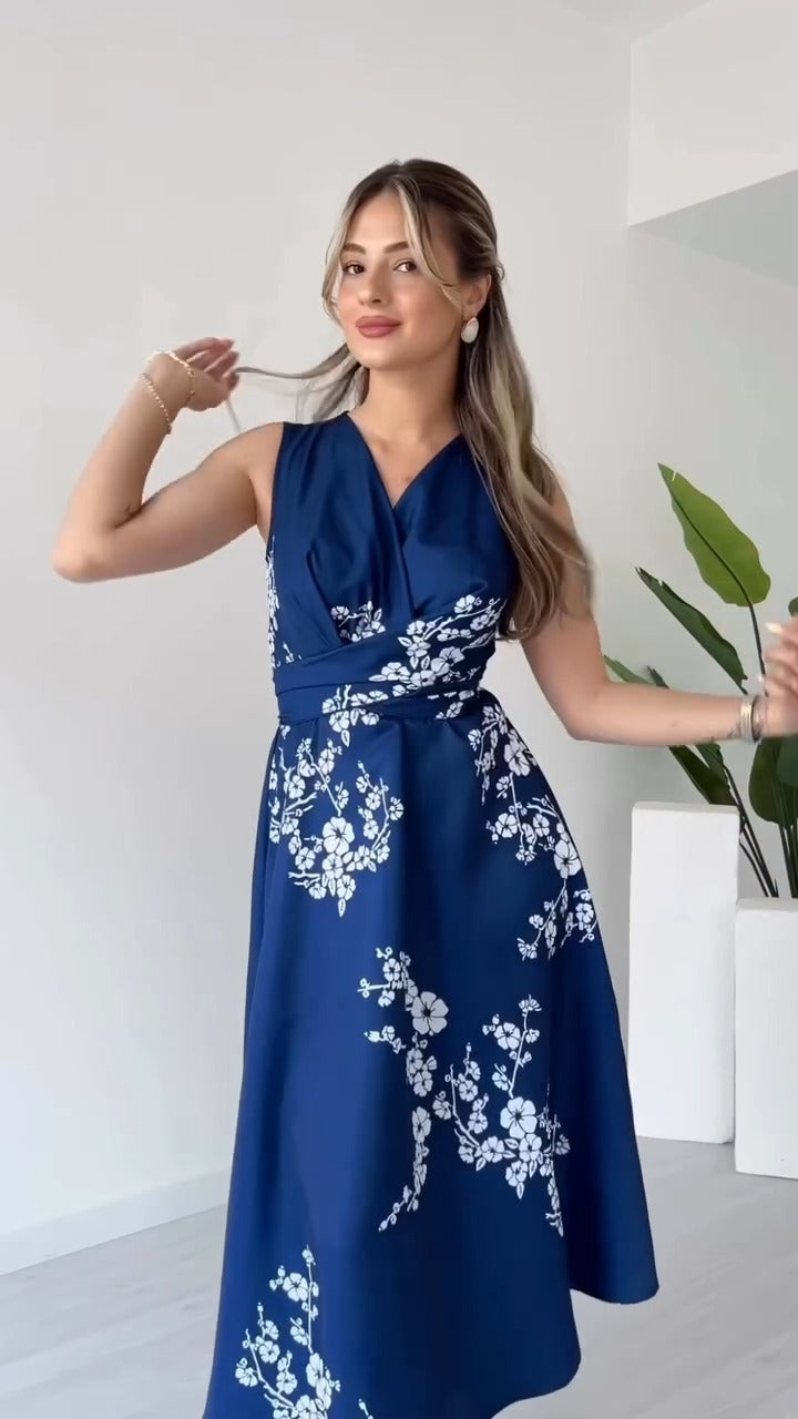 Elegant Navy Blue Floral-printed Sleeveless Midi Dress - WOOLX