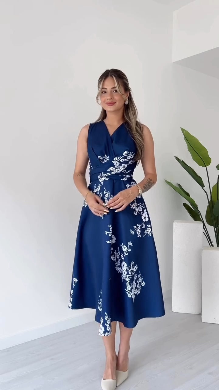 Elegant Navy Blue Floral-printed Sleeveless Midi Dress - WOOLX