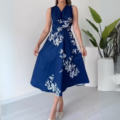 Elegant Navy Blue Floral-printed Sleeveless Midi Dress - WOOLX