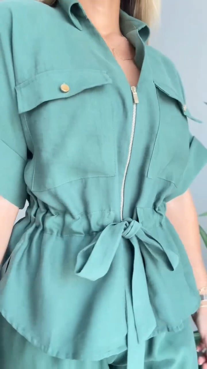 Stylish Olive Green Utility Style Two Piece Set - WOOLX