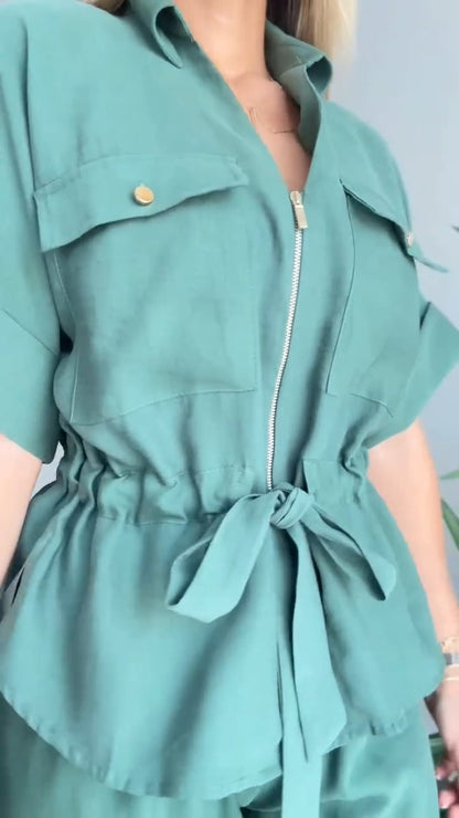 Stylish Olive Green Utility Style Two Piece Set - WOOLX