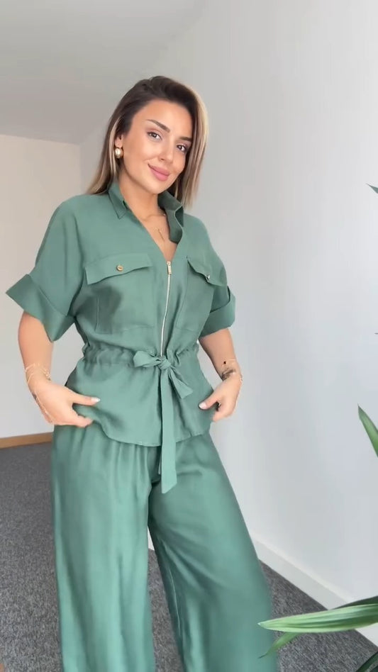 Stylish Olive Green Utility Style Two Piece Set - WOOLX